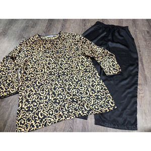 Natorius Satin-Like Animal Print Black Lounge Set Top Pants Blouse Size Large
